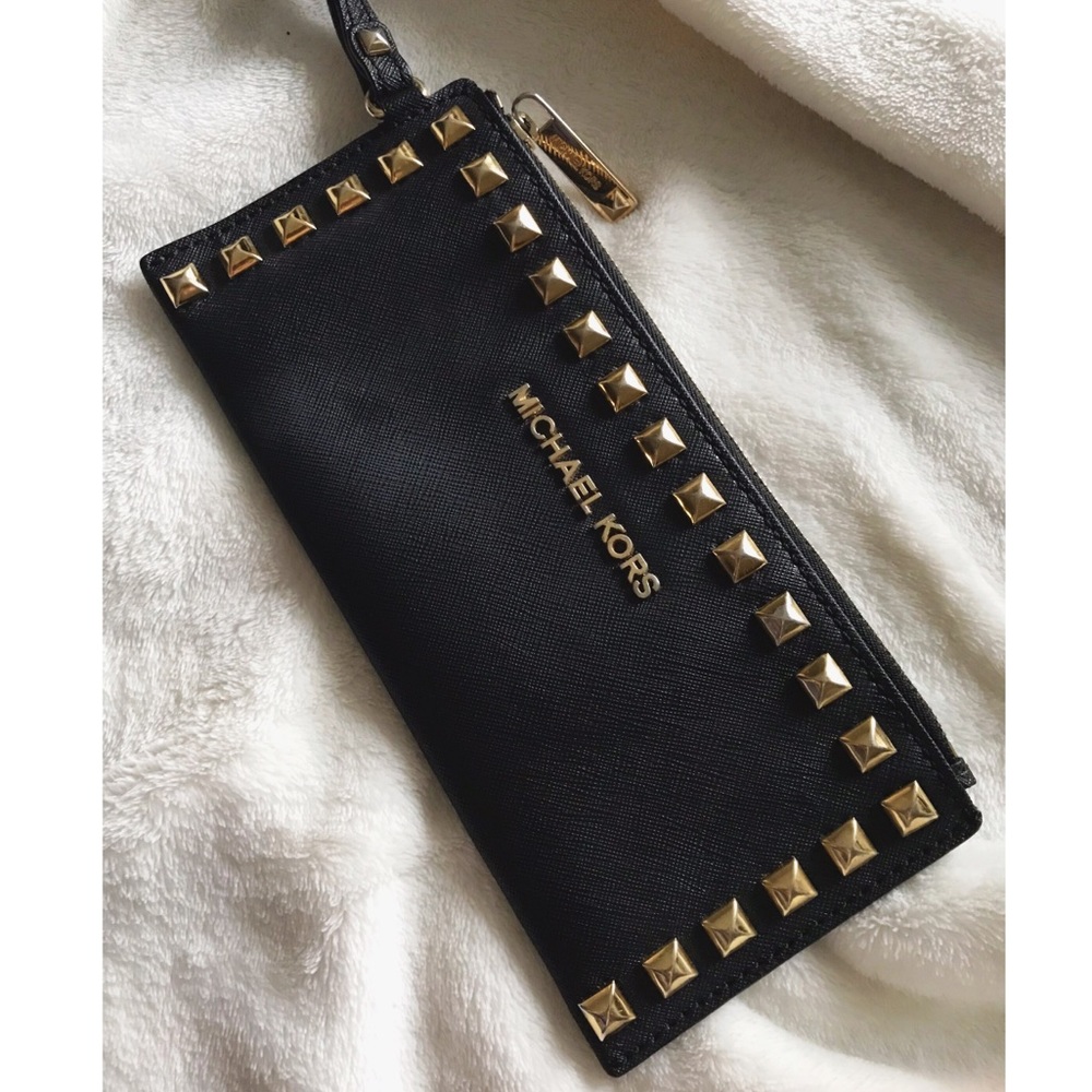 Michael Kors Studded Black Leather Wristlet